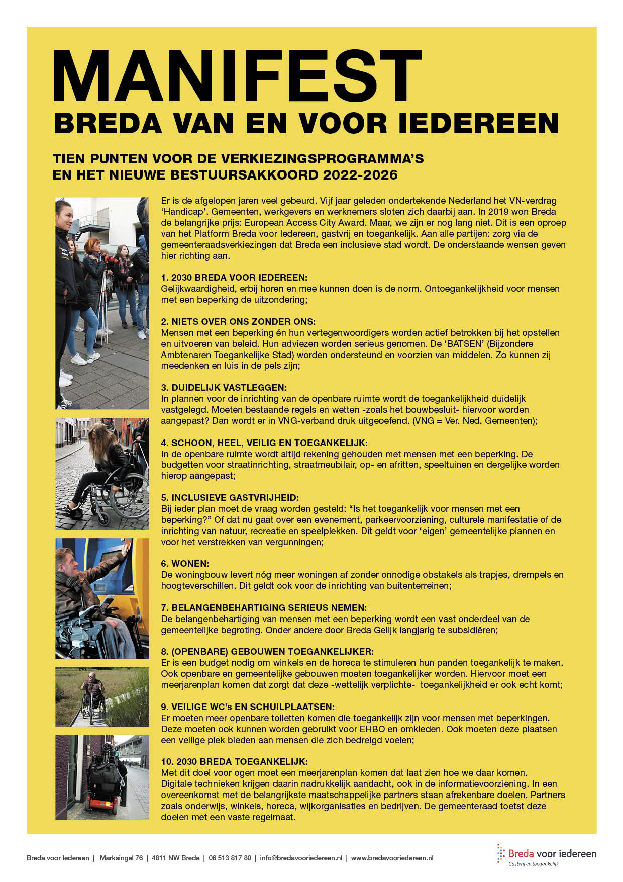 Afbeelding van het manifest Breda van en voor iedereen, met hierin 10 punten voor de verkiezingsprogramma's en het nieuwe bestuursakkoord 2022 2026